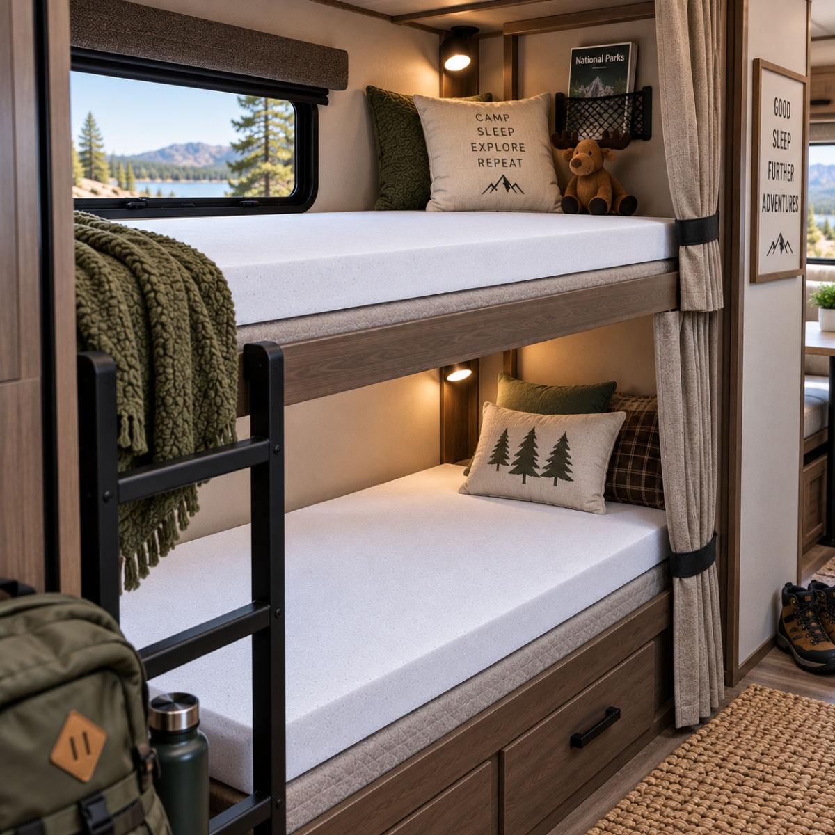 RV Bunk toppers in a made RV bed