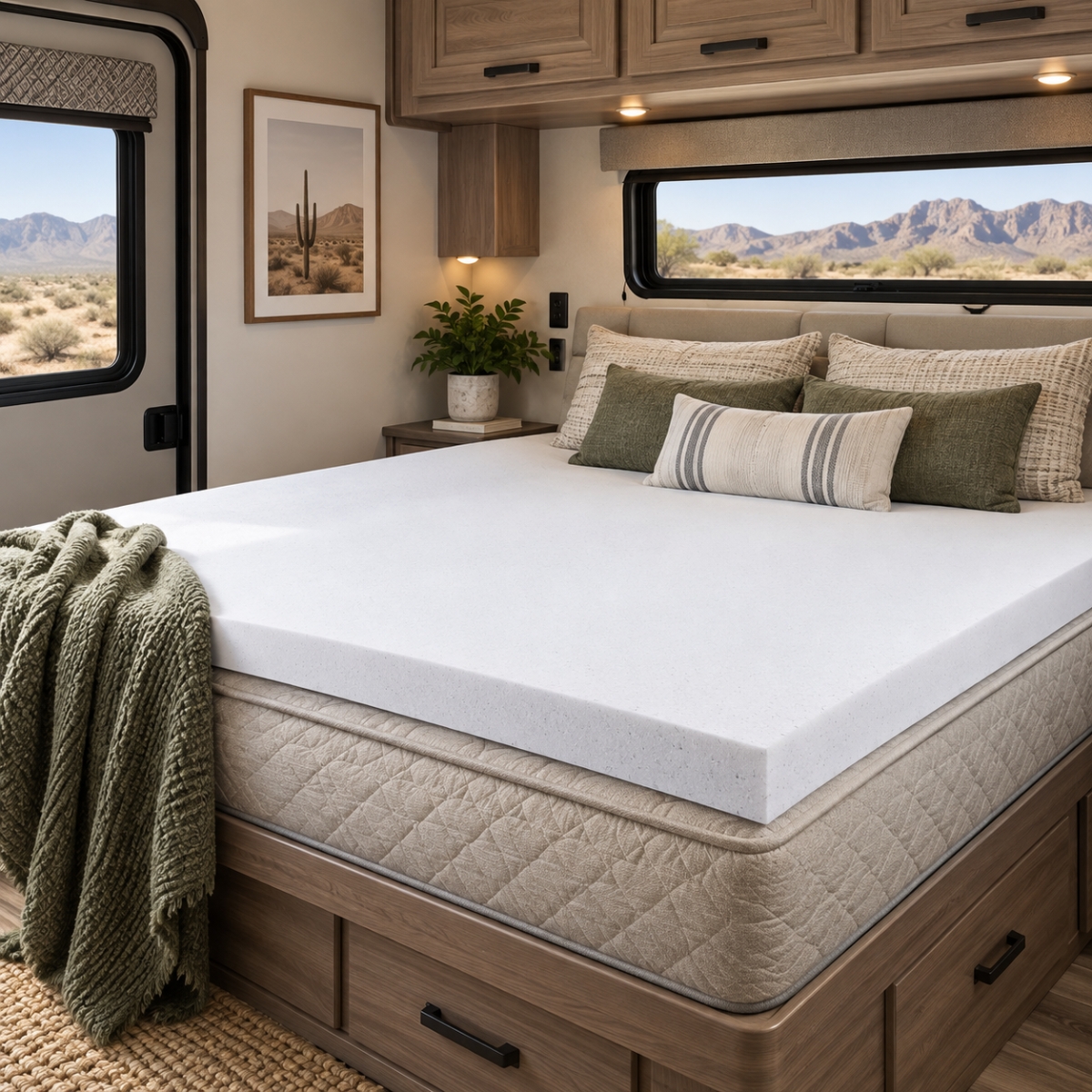 Cooling gel mattress topper on a made RV bed overlooking a desert landscape
