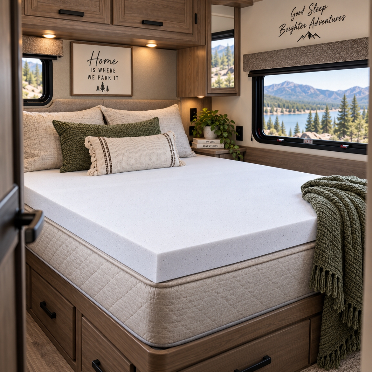 Comfortable RV bed overlooking a mountain lake