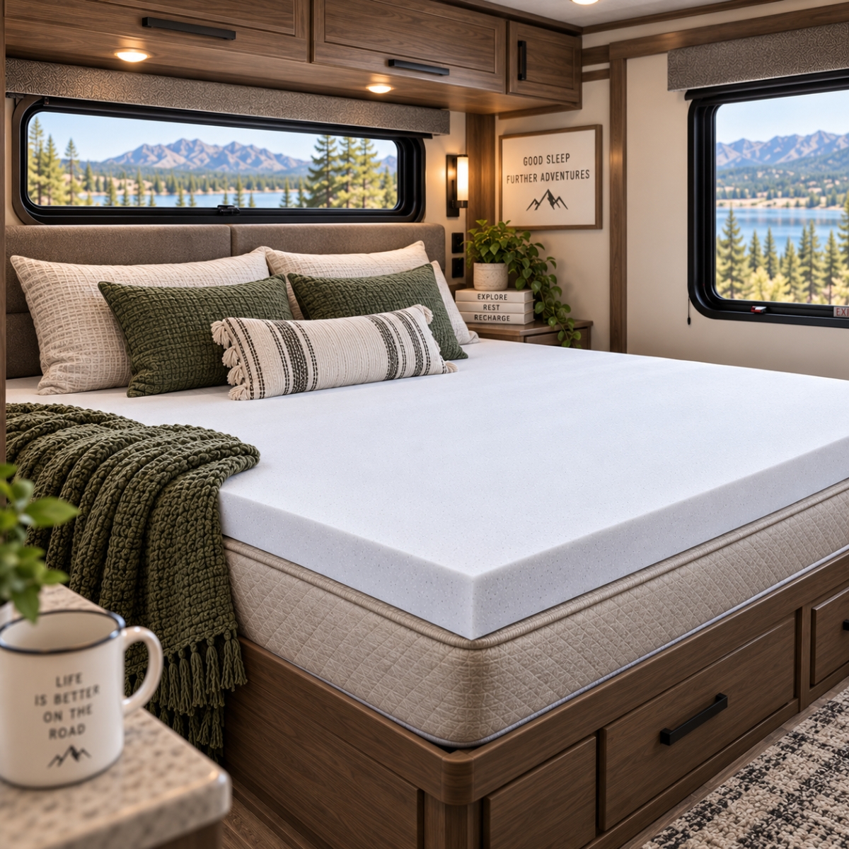 RV king cooling gel mattress topper in a camper bedroom